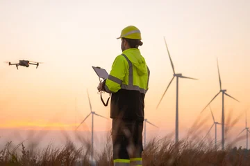 Engineers male flying drone surveying and checking wind turbines from the high angle view of the field during beautiful sunset. using drone technology for work. © Nabodin