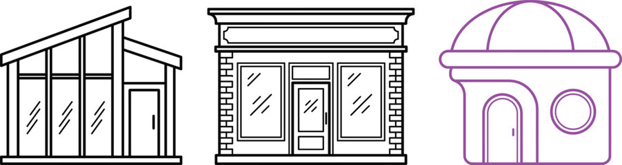Storefront and architectural building line icon set featuring modern glass house vintage shop facade and purple futuristic dome vectors © Hafizul