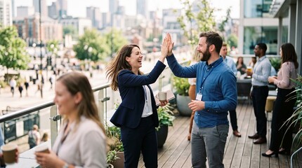 Obraz premium Happy cheerful business colleagues high fiving on modern outdoor office balcony