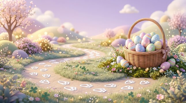 Enchanted spring landscape with easter egg basket and bunny tracks