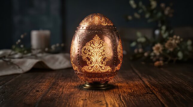 Decorative glowing copper easter egg with ornate patterns