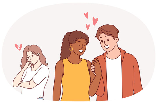 Love triangle between man walking with girlfriend and jealous, envious girl in need of psychologist. Woman sad and due to emergence competition in love triangle, we will destroy family relationships