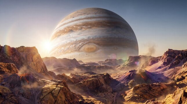 Spectacular view from the surface of an undiscovered exoplanet, showing a rugged rocky landscape and a massive gas giant filling the horizon.