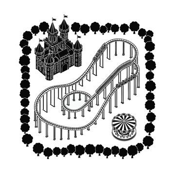 Elegant vintage rollercoaster illustration with intricate black and white line art, concept for amusement park branding, retro poster design, and nostalgic entertainment themes