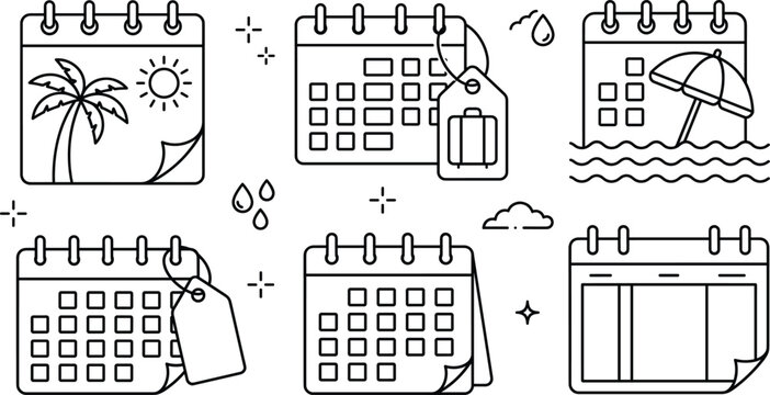 Travel calendar vacation schedule line icons set with summer holiday planner booking luggage tag and beach planning vectors