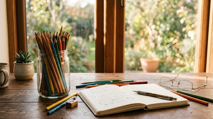 Obraz premium Cozy wooden desk setup with open notebook glass jar of colored pencils and glasses by window