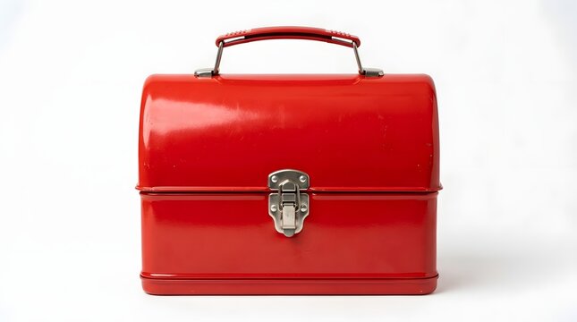 Red vintage metal lunch box isolated on white background