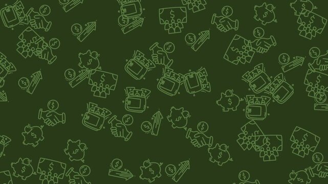 Seamless pattern background featuring various financial business and investment icons in green.
