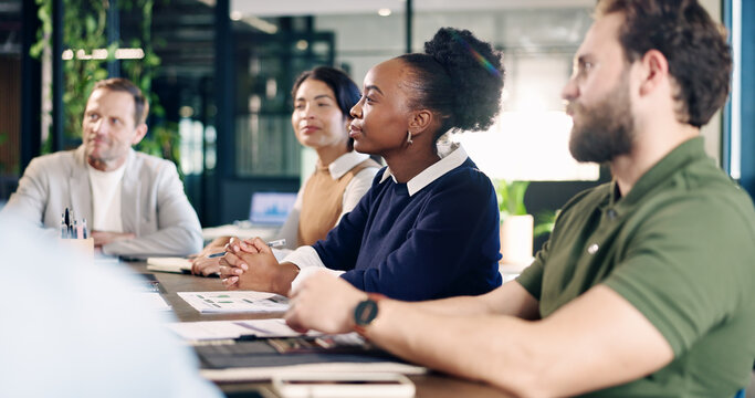 Meeting, listening and business people with presentation in conference for project proposal or idea. Group, employees or speech with documents or team for company improvement or development in office