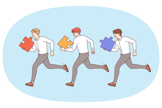 Teamwork of business men running together side by side with puzzle pieces in hands to complete task. Teamwork or competition between office clerks competing for leadership for career success