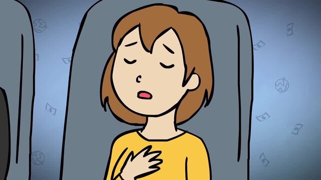 2D animation of a tired young girl sleeping or resting in an airplane passenger seat with hand on chest