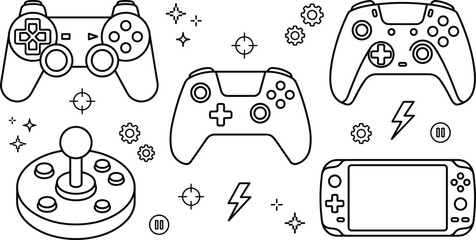 Video game controller line icons set with gamepads joystick handheld console crosshairs and retro gaming vector elements © Hafizul