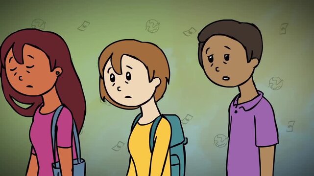 2D animation of a diverse group of tired sad young students or teenagers walking together with backpacks on