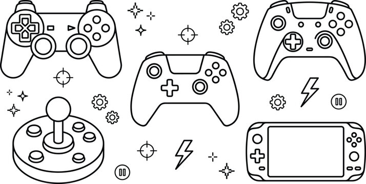 Video game controller line icons set with gamepads joystick handheld console crosshairs and retro gaming vector elements
