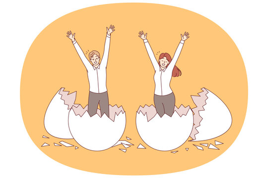Emergence new generation of business people hatched from chicken eggs, for concept of educating professionals. Happy men and women jump out of shells as metaphor for generation of entrepreneurs