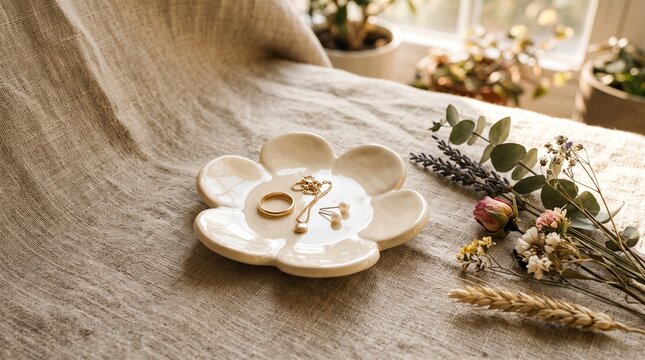 Ceramic flower trinket dish with jewelry. Decorative clay tray for rings and accessories.