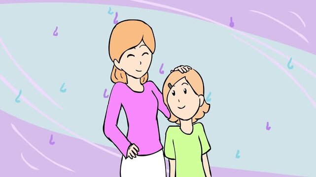 2D animation of a loving mother standing with her young daughter family care and support concept purple background