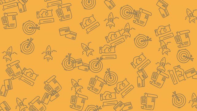 Seamless pattern background with business and startup icons on a yellow backdrop.