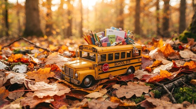 Miniature school bus filled with school supplies in autumn leaves