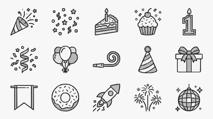 Modern Minimalist Black and White Line Art Icons Set Featuring Party Celebration and Global Symbols © Dabar