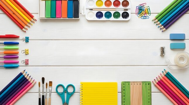 School supplies arranged in a frame on a white wooden table