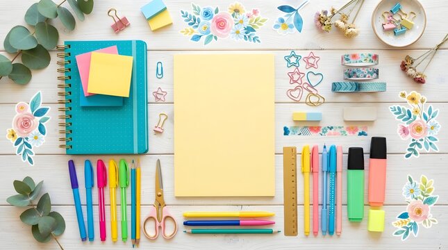 Flat lay of school and office supplies with floral decorations