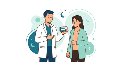 Fototapeta premium Pharmacist counseling patient, doctor explaining medication, healthcare consultation, modern flat illustration, medical advice, pharmacy service, patient care