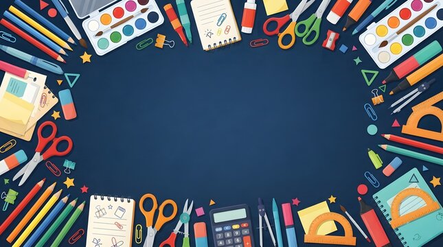School supplies border on a dark blue background