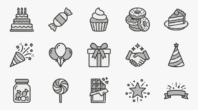 Elegant Minimalist Line Drawing Set of Celebration Party Icons Including Cake Balloons Gifts and Sweet Treats