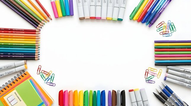 Flat lay of colorful school and office supplies arranged in a frame isolated on white background