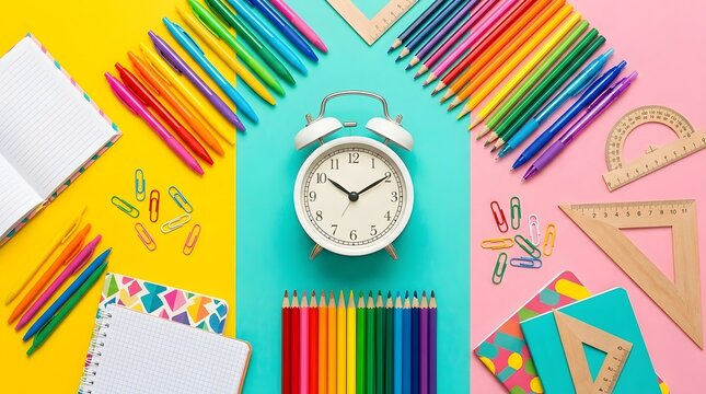 School supplies and alarm clock on a colorful background