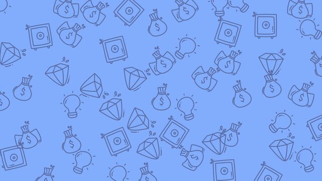 Seamless pattern with hand drawn business and finance icons on blue background.