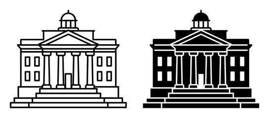 Classic government building outline and silhouette icons with columns and dome on transparent background © Yehor