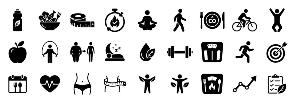 Set of black icons representing various health, fitness, nutrition, and wellness concepts on transparent background