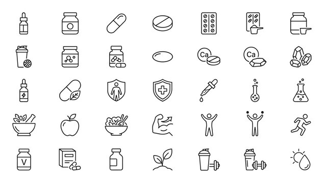Line icons set of health supplements, vitamins, nutrition, fitness, laboratory and natural remedies symbols on transparent background