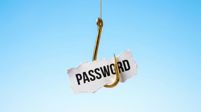 Golden fishing hook catching a small torn paper with the word password printed on it representing internet phishing and cyber crime security threats in a digital world for conceptual business imaging.