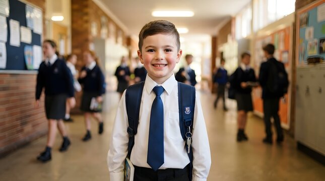 Portrait of a young schoolboy standing in a school hallway with students in the background
