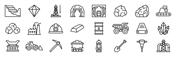 Outline icons set representing mining industry equipment, minerals, and excavation tools on transparent background © Yehor