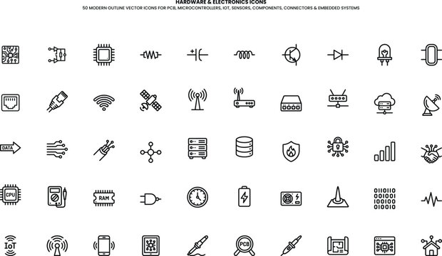 Hardware and Electronics Outline Vector Icons Set for PCB, Microcontrollers, IoT Sensors, Components, Connectors, and Embedded Systems
