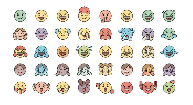 Colorful collection of diverse expressive cartoon faces showing various emotions.