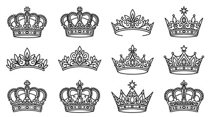 Collection of ornate crown and tiara illustrations in black and white. © Hanasoz
