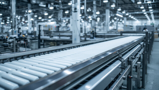 Automated conveyor belt system in a modern, brightly lit factory production line