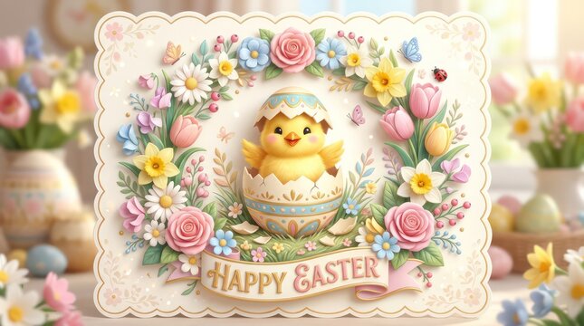 Happy easter decorative card with cute chick and flowers
