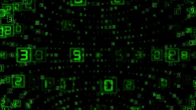 Green digital numbers and codes displayed on a black background screen intensely