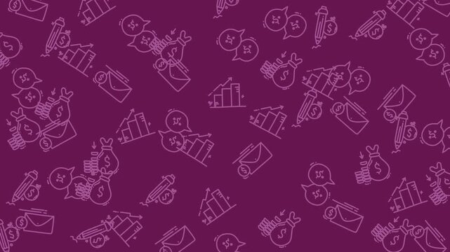 Seamless pattern background with financial and business icons in purple and white.