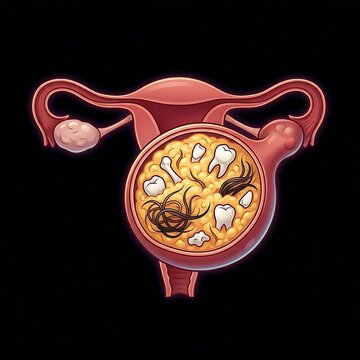 an ovary with a dermoid cyst (teratoma), showcasing its unique internal components such as hair, teeth, or bone structures embedded within a fatty matrix