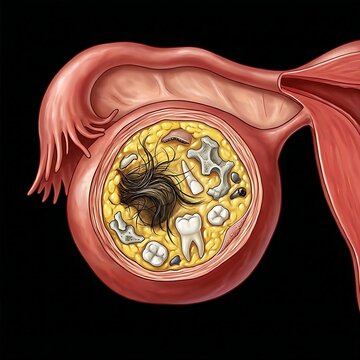 an ovary with a dermoid cyst (teratoma), showcasing its unique internal components such as hair, teeth, or bone structures embedded within a fatty matrix