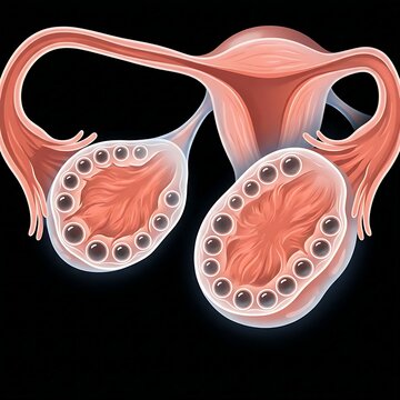 a human ovary affected by Polycystic Ovary Syndrome (PCOS), showcasing multiple small cysts along the periphery. The internal structure should be clear, with the central stroma visibly enlarged and