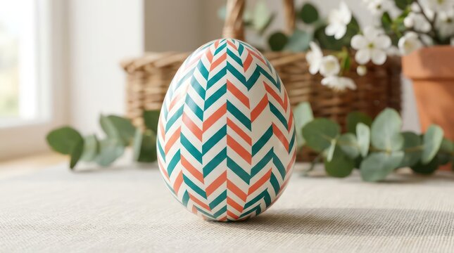 Decorative easter egg with orange and teal chevron pattern