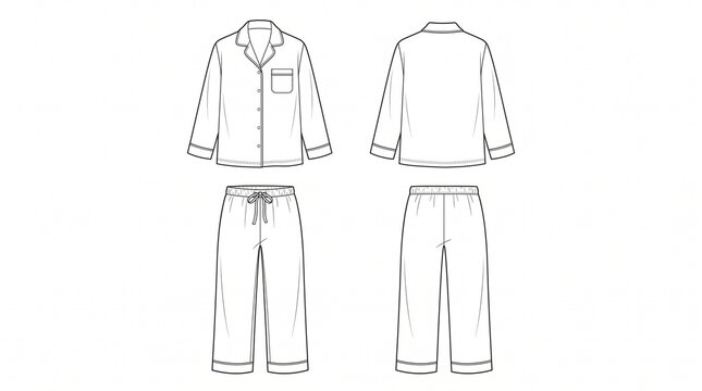 Women's Classic Button-Down Pajama Set Technical Sketch - Front and Back Views